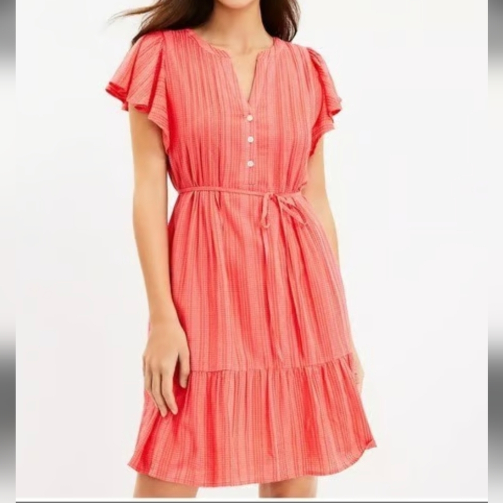 LOFT Orange  Textured Stripe Flutter Button Swing Dress Sz.SP NWT